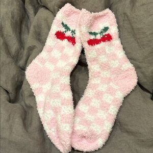 Pink Checkered Fuzzy Socks with Cherry Design